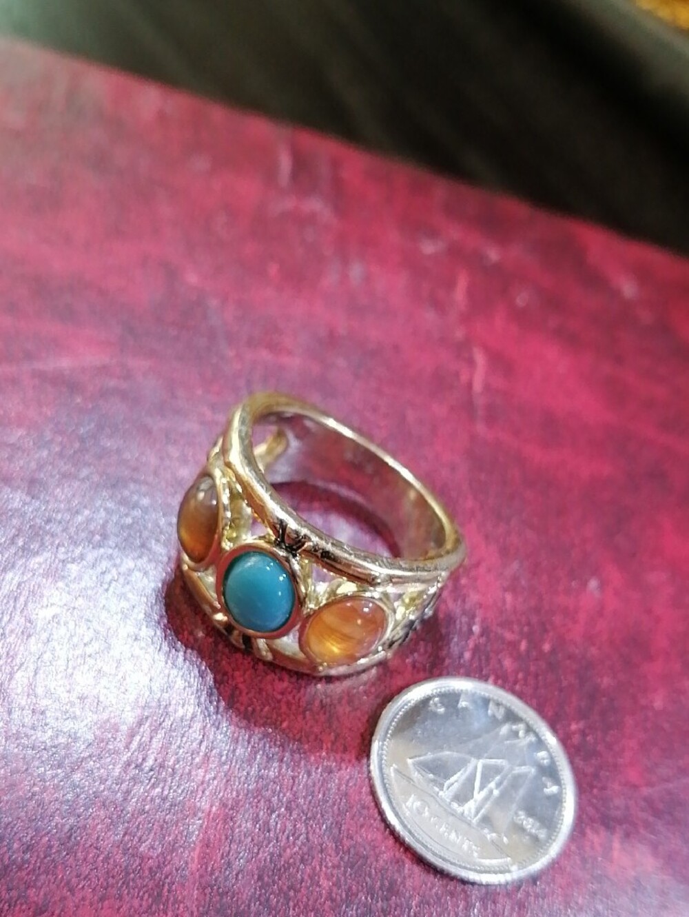 Gold Ring with Turquoise Center and Amber Side Stones - Women Jewelry